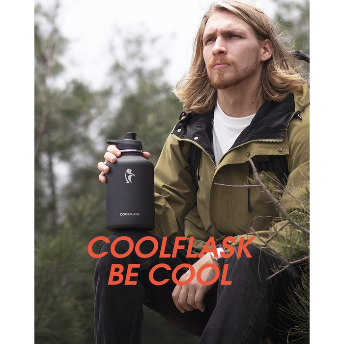 Пляшка для води Coolflask 2 л, нерж. сталь, шкіряний чохол, Polar Black