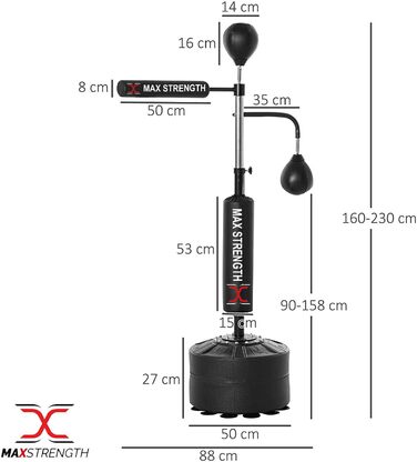 Окремо стояча боксерська груша MAXSTRENGTH Швидкісний м'яч Регульована по висоті Рефлекторна груша Cobra Швидкісні мішки Швидкісні мішки Вільно стоячий швидкісний і рефлекторний м'яч для тренувань, вправ (чорний подвійна функція)