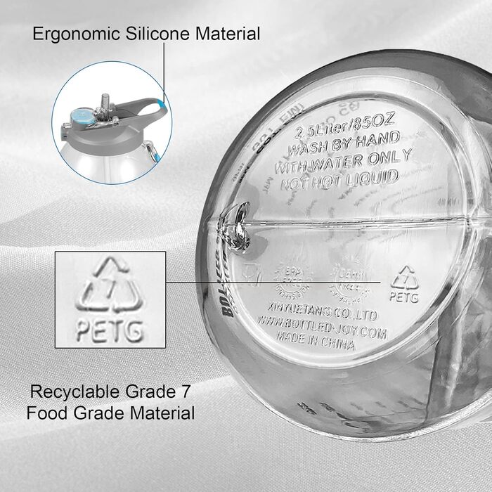 Пляшка для води Glaxcidy 2 в 1 2,5 л пляшка для води Joy з соломинкою та кришкою для пиття, пляшка для води з позначкою часу для вимірювання добового споживання води без бісфенолу А для спорту (білий1, половина галона)