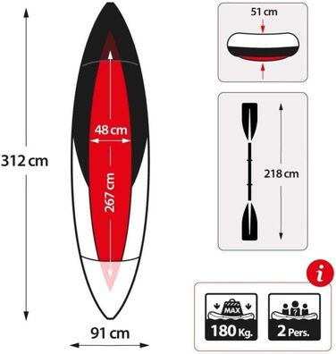 Надувний набір байдарок для 2 осіб Каное з веслом, насосом, надувним човном з ПВХ для водних видів спорту, риболовлі або ігор на озері - навантаження 400 кг, розмір 45.7 x 254 x 61 см (см)