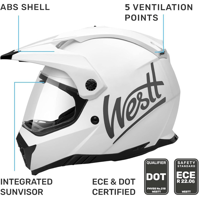 Мотошолом Westt Fullface для мотокросу, MTB, ендуро, квадроцикла, інтегральний, з подвійним візором і сонцезахисною шторкою, сертифікат ECE, білий глянцевий, XL (61 см)