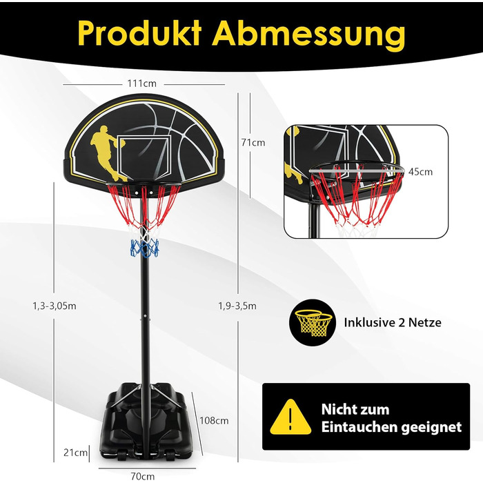 Баскетбольна стійка COSTWAY 130-305 см регулюється по висоті, вуличне баскетбольне кільце з колесами та підставкою, портативний баскетбольний майданчик, підставка може бути наповнена водою та піском, система кошиків для дітей, дорослих