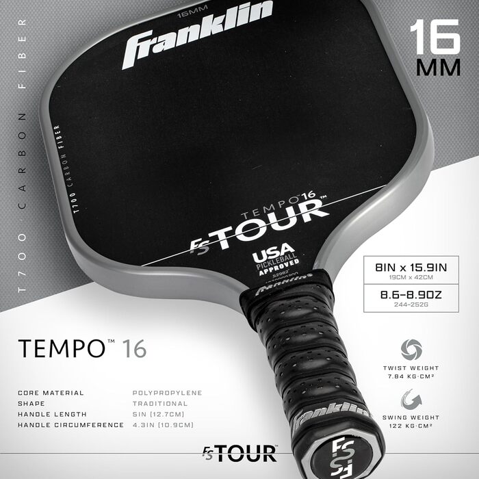 Професійні ракетки для піклболу Franklin Sports FS Tour із сирого вуглецевого волокна T700, затверджені USA Pickleball, цілісний корпус, епоксидне покриття, моделі Dynasty і Tempo, 14/16 мм, сірий, синій, рожевий