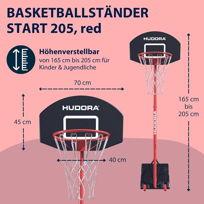 Баскетбольна стійка HUDORA Унісекс-Юність старт 205, червона, 205 см