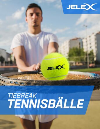 Тенісні м'ячі JELEX Tiebreak в наборі, що складається з 24 м'ячів класичного жовтого кольору, без внутрішнього тиску, з повстяною поверхнею і діаметром 6,37 см. в т.ч. Сумка для зберігання з ручкою для перенесення