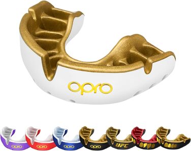 Маска для обличчя OPRO Gold Level, капа спортивна для дорослих і дітей, з чудовим комфортом для боксу, лакросу, ММА, бойових мистецтв, хокею та всіх контактних видів спорту (білий/золотий, дорослі (10))