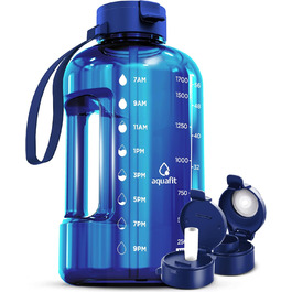 Пляшка для води AQUAFIT з позначками часу, трубочкою та кришкою, BPA-free, 1,8 л, для фітнесу, з ручкою, 2 кришки, синя