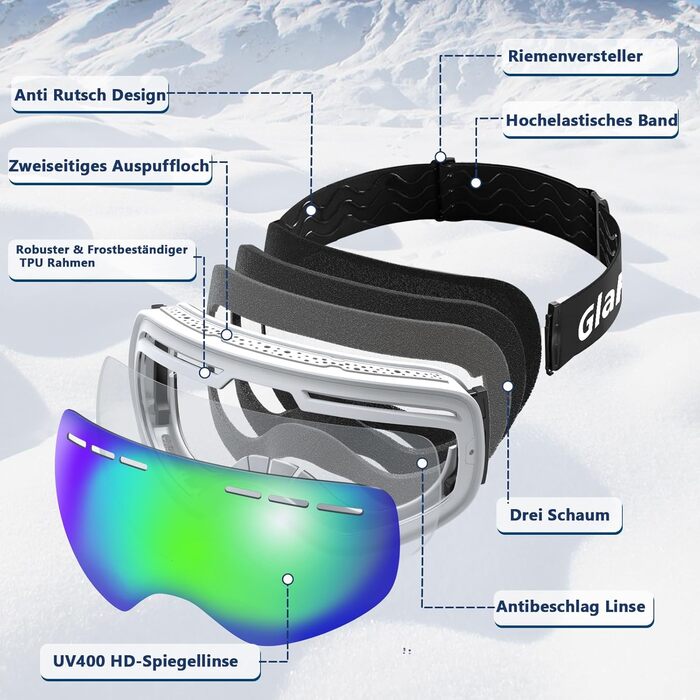 Гірськолижні окуляри GlaRid для чоловіків та жінок, OTG Ski Goggles Безкаркасні окуляри для сноуборду для тих, хто носить окуляри, Снігові насадки для дорослих Захист від запотівання 100 UV400 зелений