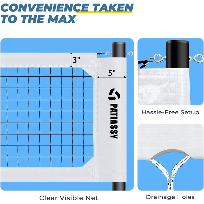 Портативний професійний набір волейбольних сіток на відкритому повітрі Patiassy з регульованими по висоті алюмінієвими планками, лебідка, волейбольний м'яч з насосом і сумкою для перенесення для заднього двору, пляжу білого/розкішного саду