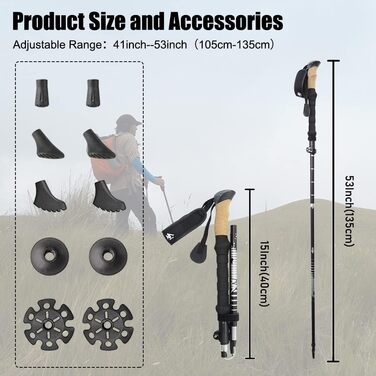 Туристичні палиці, легкі складні трекінгові палиці HIKERBRO для походів з корковою ручкою та фліплоком, алюмінієві палиці для прогулянок для походів, кемпінгу, рюкзака, 2 шт. и 45-53 дюйми