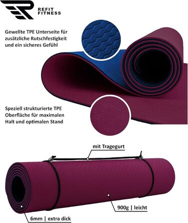 Килимок для йоги REFIT FITNESS 190x60x0,6 см, TPE, антиковзкий, екологічний, з ременем для перенесення, GeckoGrip & Sensi-Plus, для йоги та фітнесу