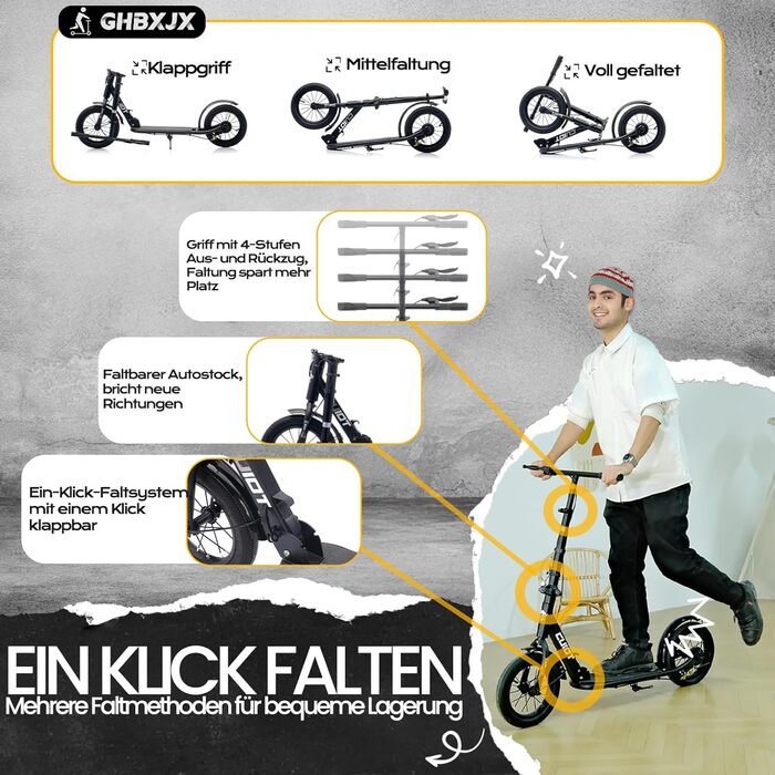 Самокат GHBXJX BigWheel 290 мм для дітей і дорослих, міський, 4 рівня висоти, ручне гальмо, великі колеса XXL, для дівчат та хлопців