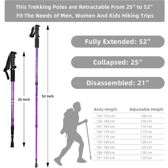 Туристичні палиці Aihoye, 2 шт. и, складні, легкі, ударостійкі, туристичні палиці або туристичні палиці, регульовані туристичні палиці для жінок і чоловіків фіолетовий