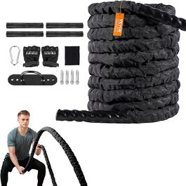 Тренувальна мотузка VEVOR Battle Rope, тренувальна мотузка, бойова мотузка 12,2 м, поліефірна тренувальна мотузка із захисним чохлом і якорем, ударна мотузка для домашнього тренажерного залу, тренування тіла, основні силові тренування, чорний