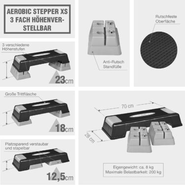 Степборд GORILLA SPORTS - регульований, не ковзає, до 200 кг, сіро-чорний, XS або XL - Аеробний степпер, Степлав, Степборд