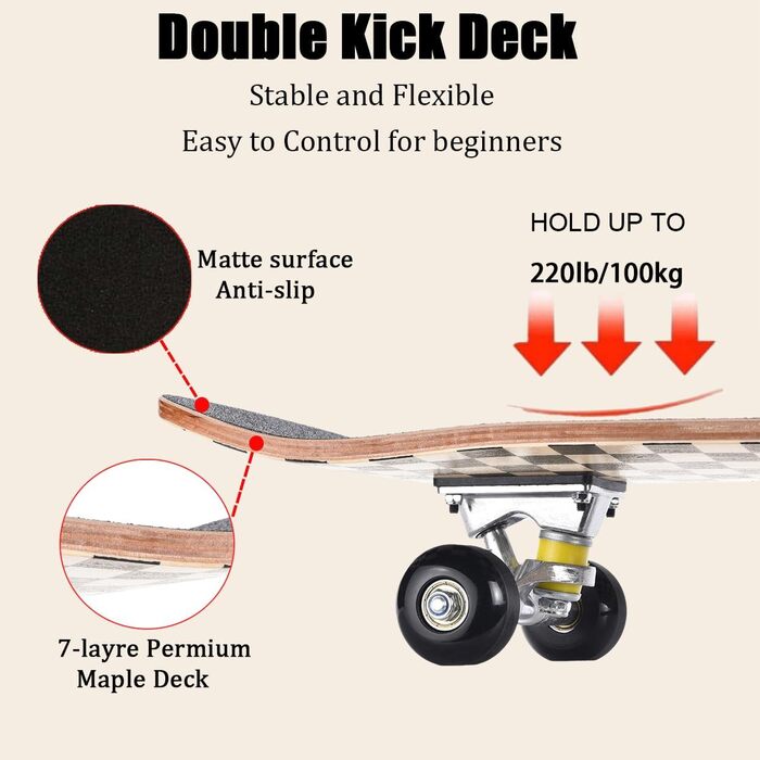 Скейтборд ERNAN 38 дюймів повний скейтборд для дітей, підлітків, дорослих, повний стандартний скейтборд, 7 шарів кленової деки, увігнутий скейтборд (дерев'яний плед)