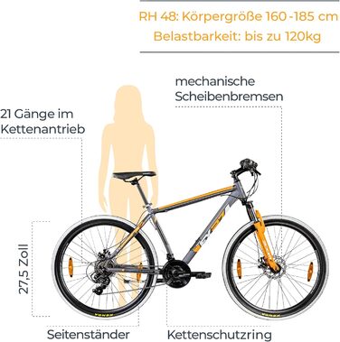Гірський велосипед 27,5 дюймів Гірський велосипед Хардтейл Чоловіки Жінки з рамою MTB та амортизаційною вилкою 21 передача 650B Сірий/Помаранчевий 48 см, 27
