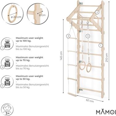 Рама MAMOI для скелелазіння в приміщенні, шведська стінка, кільця