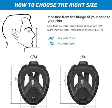 Маска для підводного плавання для дорослих і дітей, Повнолицева маска для підводного плавання, Альтернативний набір для підводного плавання, Маска для підводного плавання на все обличчя для дорослих, 180 Panorama Wide View Маска для дайвінгу (Black-L/XL)