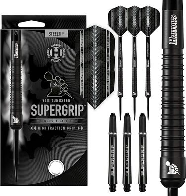 Дартс Harrows SUPERGRIP Black Edition 90% вольфрам, 21-30 г, з наконечником із сталі, комплект із супергріп-шахтами і крилами