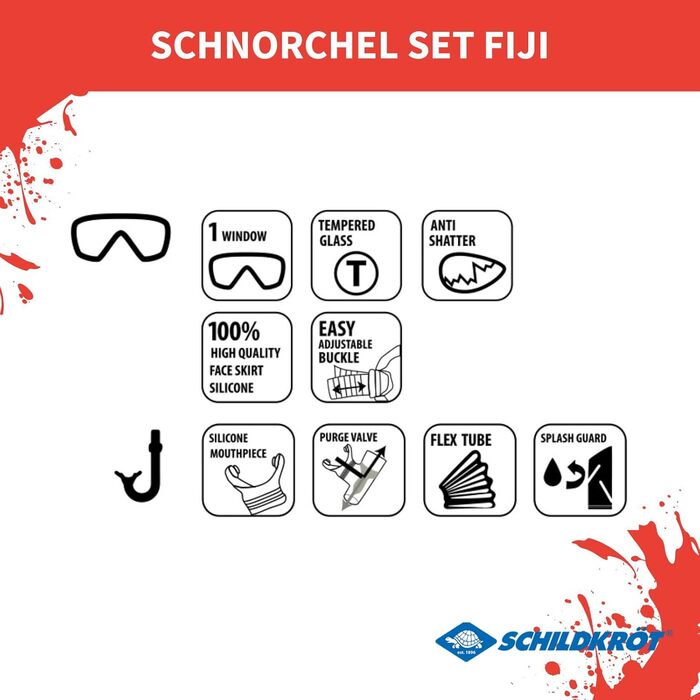 Набір для дайвінгу Schildkrt Fiji, набір трубок з водонепроникною маскою для дайвінгу із захисного скла, трубка з тримачем Easy Clip, захистом від бризок води та продувним клапаном, для плавання та дайвінгу