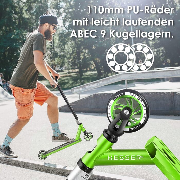 Трюковий скутер KESSER X-Limit-Pro 360 з рульовим керуванням Веселий трюковий скутер з підставкою ABEC 9 кулькових підшипників, 110 мм PU колеса, Kick Scooter Kick Scooter City Scooter Trick Scooter для дітей дорослих Лайм Грін