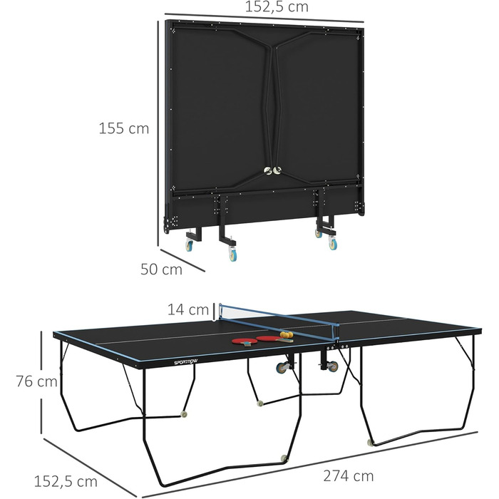 Стіл тенісний складаний SPORTNOW з аксесуарами, 274x152.5x76 см (чорний)