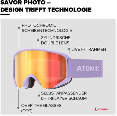 Гірськолижні окуляри ATOMIC Savor Photo I Вуличні окуляри зі 100 захистом від ультрафіолету I Лижні окуляри з фотохромною лінзою I Спортивні окуляри зі стійким до подряпин покриттям I Окуляри для сноуборду великого розміру (Лаванда)