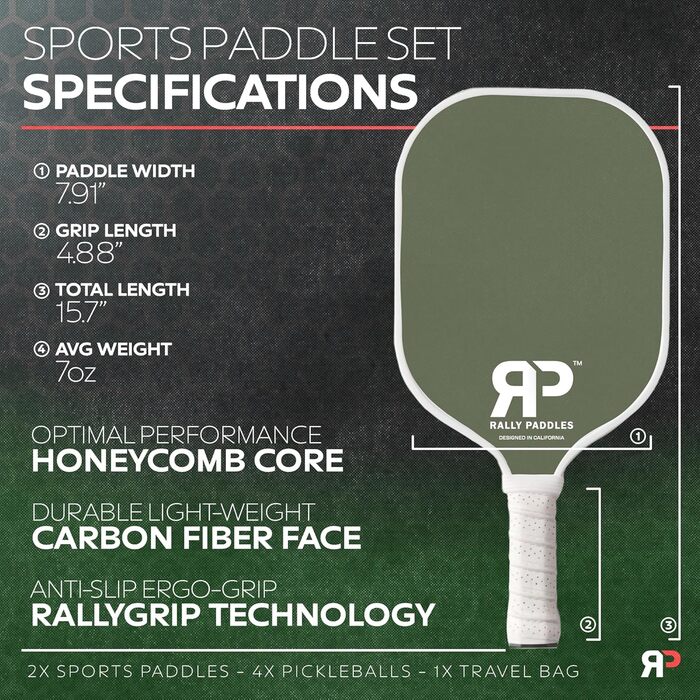 Ракетки Ралійні - Набір Pickleball: 2 вугл. весла, 4 м'ячі, сумка (оливкова)