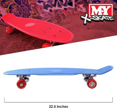 Скейтборд для початківців M.Y X-Skate Complete 55,9 см синій пластиковий ретро для дітей, підлітків та дорослих, вафельний стиль, кулькові підшипники ABEC 7 для трюків та круїзів