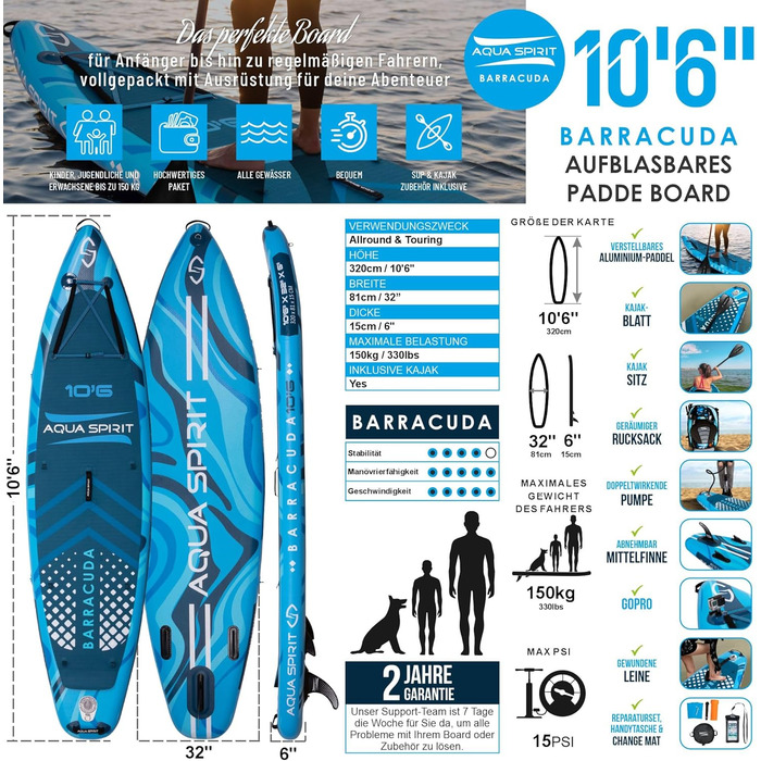 Надувна дошка для веслування Aqua Spirit SUP 2024 320x815см Повний комплект для переобладнання байдарки з веслом, рюкзаком, насосом та іншими аксесуарами Дорослі початківці/експерти Гарантія 2 роки 320см х 84см х 15см