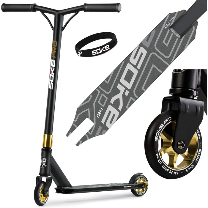 Трюковий самокат SOKE PRO Kick Scooter з кульковим підшипником ABEC 9 Kick Scooter Trick Scooter для дорослих та дітей Двоколісний міський самокат Freestyle 2 колеса Вантажопідйомність 100кг, чорно-золотистий