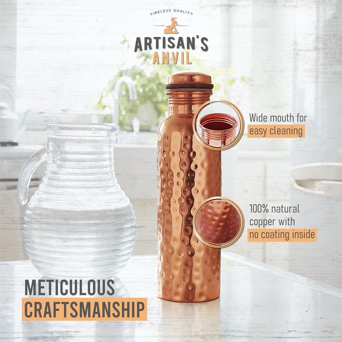 Мідна пляшка для води Artisan's Anvil, аюрведична, широкий отвір, з чохлом, для подорожей, для жінок і чоловіків