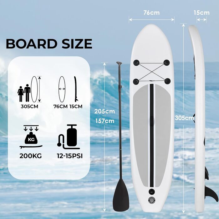 Надувна SUP дошка для серфінгу 10FT з аксесуарами, регульованим веслом, насосом, рюкзаком, страховочним шнуром, для дорослих, до 200 кг, для водних видів спорту
