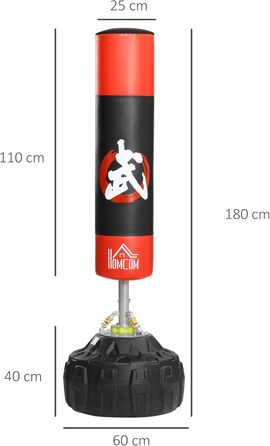 Боксерська груша HOMCOM Дорослий Вільно стоячий боксерський тренувальний пристрій Боксерський партнер Боксерський асистент Тренування з всмоктувальною основою ЧорнийЧервоний 60x60x180 см