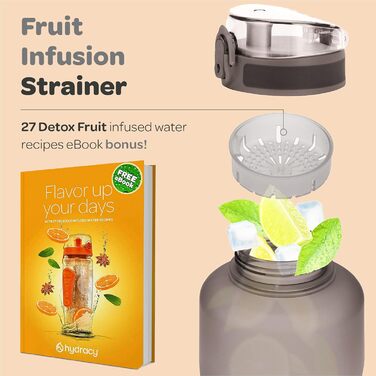 Гідраційна пляшка для води з фруктовим відсіком Hydracy 2л, BPA Free, з часовою міткою, герметична спортивна пляшка без конденсату для спорту та активного відпочинку
