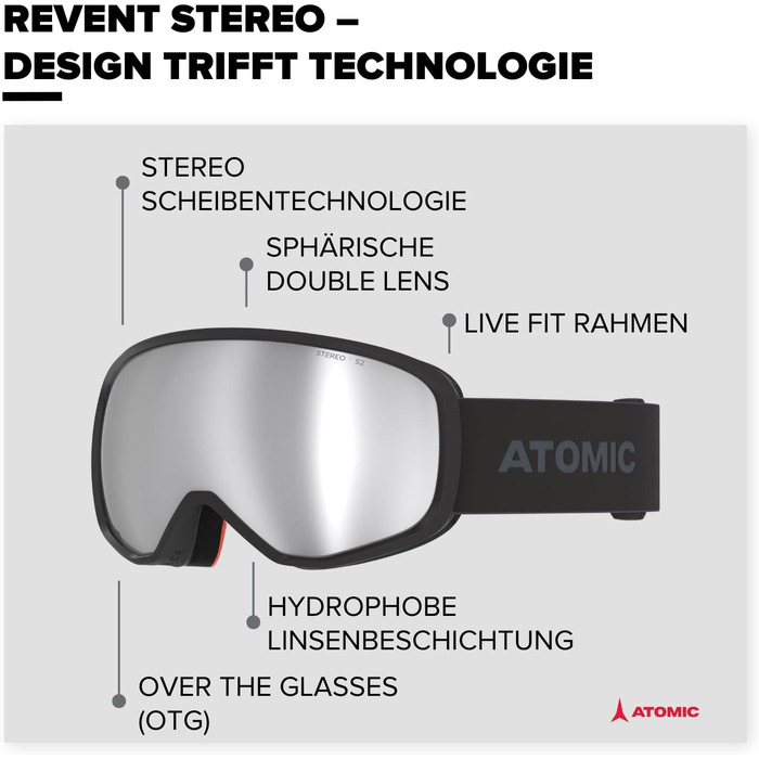 Гірськолижні окуляри ATOMIC REVENT STEREO - Гірськолижні окуляри з антивідблиском - Високоякісні дзеркальні окуляри для сноуборду - Окуляри з оправою Live Fit - Гірськолижні окуляри з подвійною лінзою Black