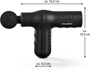 Електричний міні-масажний пістолет для масажу м'язів VITALmaxx З чотирма різними насадками Інтенсивне нанесення в 5 етапів Вбудований акумулятор ємністю 1800 мАгод забезпечує до 50 хвилин роботи Чорний Чорний з 5 рівнями