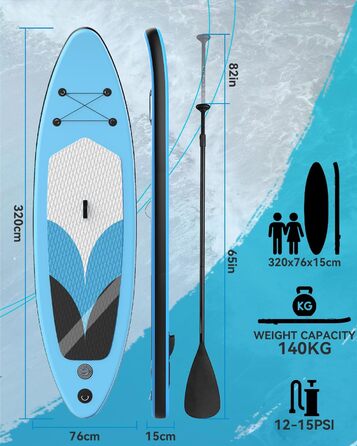 Надувна SUP-дошка 320x76x15 см для дорослих, ультралегкий комплект із регульованим веслом, ручним насосом, плавником і рюкзаком