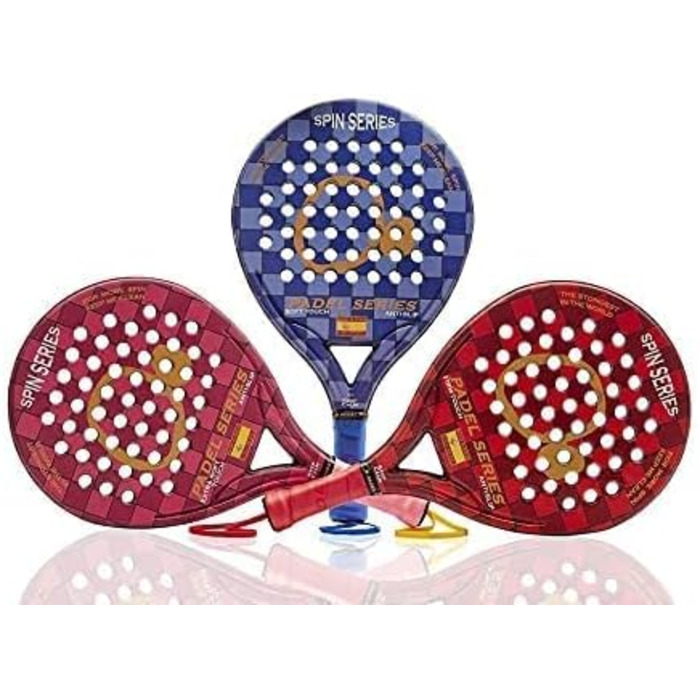 СЕРІЯ PADEL Серія SPIN ABS і полікарбонатна ракетка Padel Максимальна продуктивність завдяки інноваційним, нековзним прогумованим бічним сторонам Червона ракетка тверда, синя ракетка м'яка, ракетка екстра м'яка (червона)