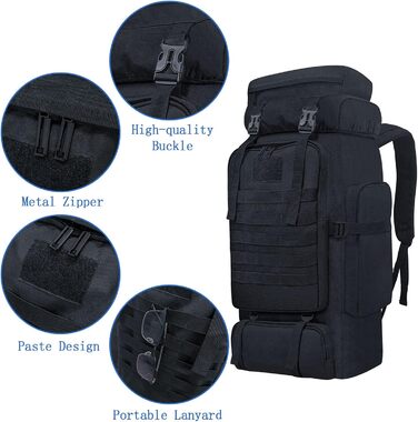 Тактичний туристичний рюкзак 80 л Molle, водостійкий, великий військовий рюкзак для походів та спорту, чорний