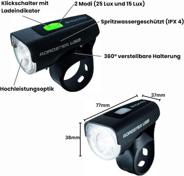 Комплект велосипедних ліхтарів Sigma Sport ROADSTER USB / NUGGET II, 25 люкс, акумуляторні, передня та задня LED фара, StVZO, чорний