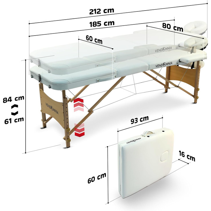 Масажний стіл VENDOMNIA, 3 зони, регульований, складний, білий