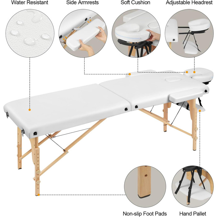 Мобільний масажний стіл VORSCH 2 зони, масажний стіл складний регульований по висоті, переносна масажна лавка на дерев'яних ніжках, косметичний столик з підлокітниками підлокітник підлокітник сумка для перенесення, (біла)