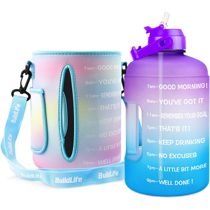 Пляшка для води QuiFit 3.8 л з трубочкою, мотиваційною розміткою, BPA Free, для спорту, фітнесу, герметична, з чохлом, лілово-синя