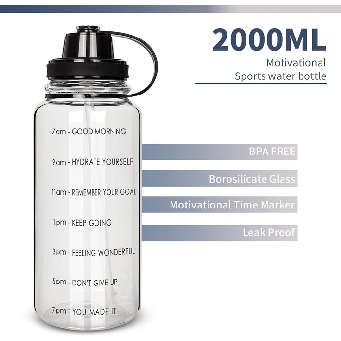 Літрова пляшка для води скляна з соломинкою та маркером часу, мотиваційна пляшка для води з неопреновим рукавом, велика скляна пляшка 2 л для фітнесу, дому та офісу, герметична, без BPA Чорна етикетка часу, 4u 2-