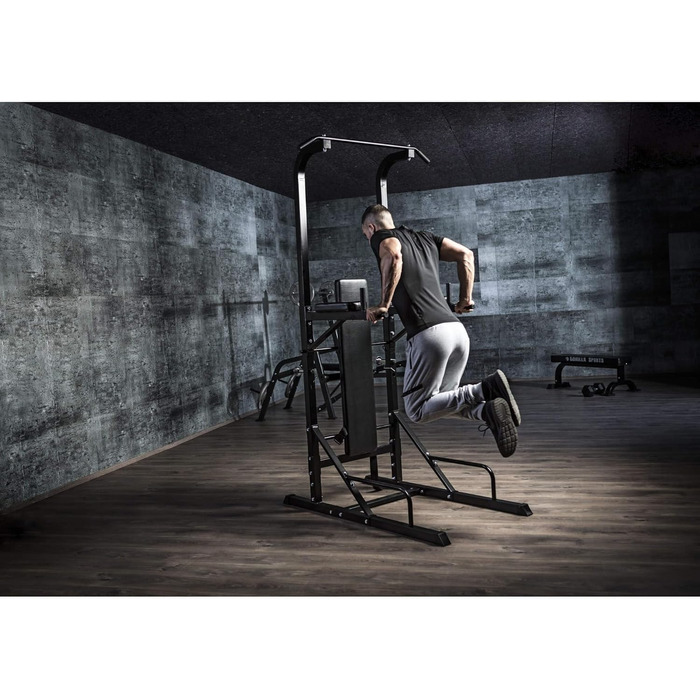 Силова станція GORILLA SPORTS Power Tower, складана лава, турнік, бруси, до 150 кг, чорна, багатофункціональний тренажер для дому