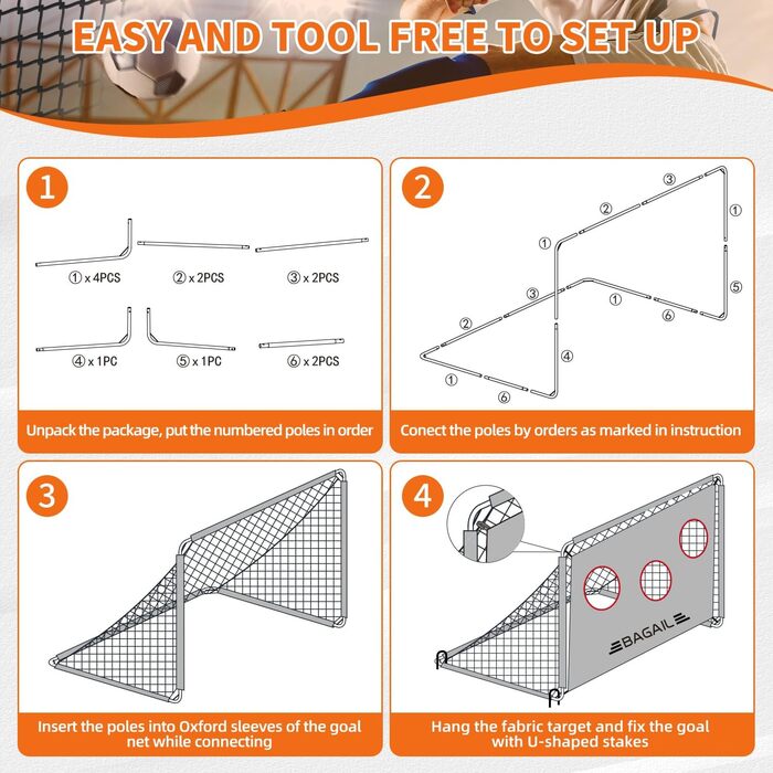Футбольні ворота Bagail 2-в-1 з мішенню, сумка, 6x4 фт, помаранчевий