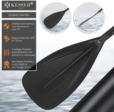 Весло KESSER 3-в-1 для каяка та SUP, телескопічне алюмінієве, 165-215 см, антиковзне, для сап-дошки, каякінгу, серфінгу, човна