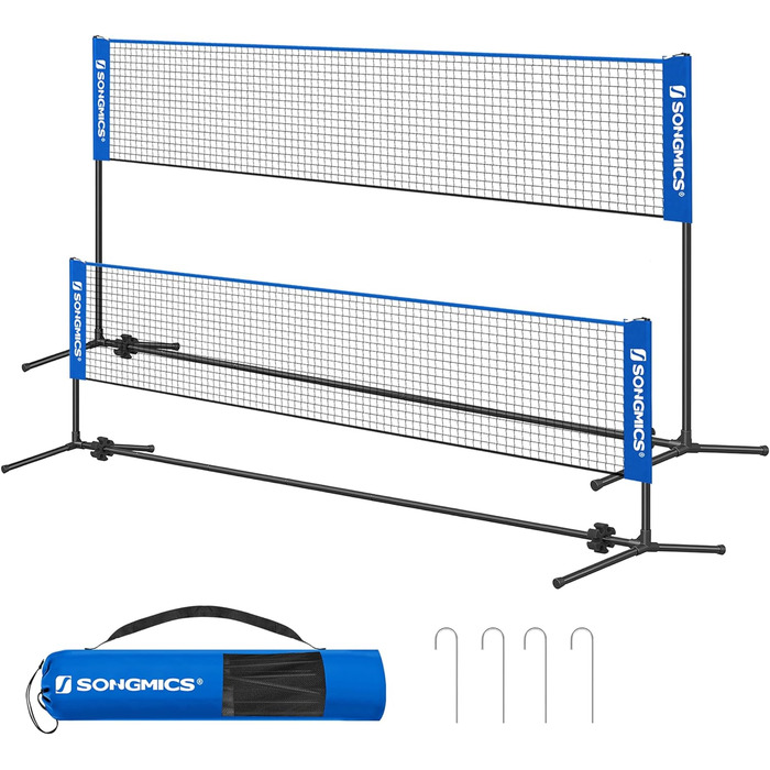 Набір сіток для бадмінтону SONGMICS, портативний спортивний набір для бадмінтону, тенісу, дитячого волейболу, піклболу, легке налаштування, нейлонова сітка зі штангами, для внутрішнього та зовнішнього використання синій 16,5 футів